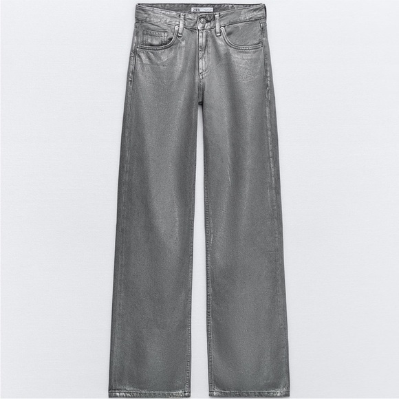 EUC Zara Metallic Gray Coated Wide Leg Jeans On Trend! - Picture 1 of 11